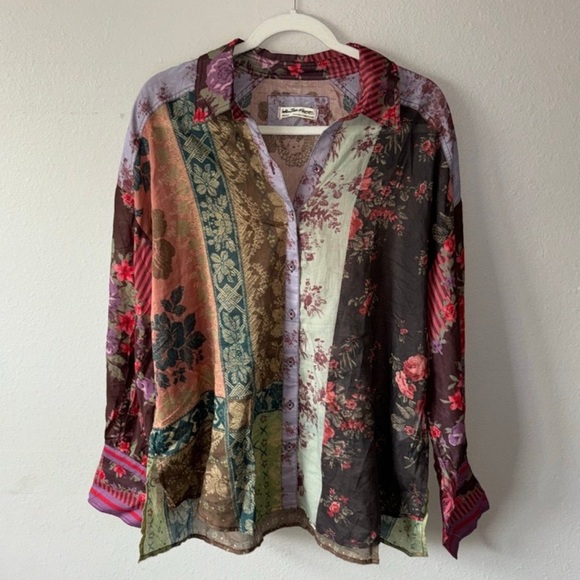 Free People We The Free Patchwork Floral Button Down Blouse Boho Cottagecore  XS - Picture 9 of 14
